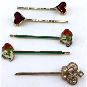 Hair Bobby Pins Faux Pearls Rhinestone Gold Tone Hearts Dog Crown Lot of 5 Vtg